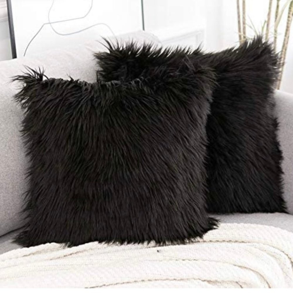 (Only Covers) Set of 2 Gray Luxury Fluffy Decorative Pillow Cushion Covers